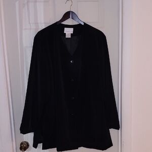 EUC Susan Graver Black Long Lined Jacket No Collar 2X No Pockets 4 Button Front
